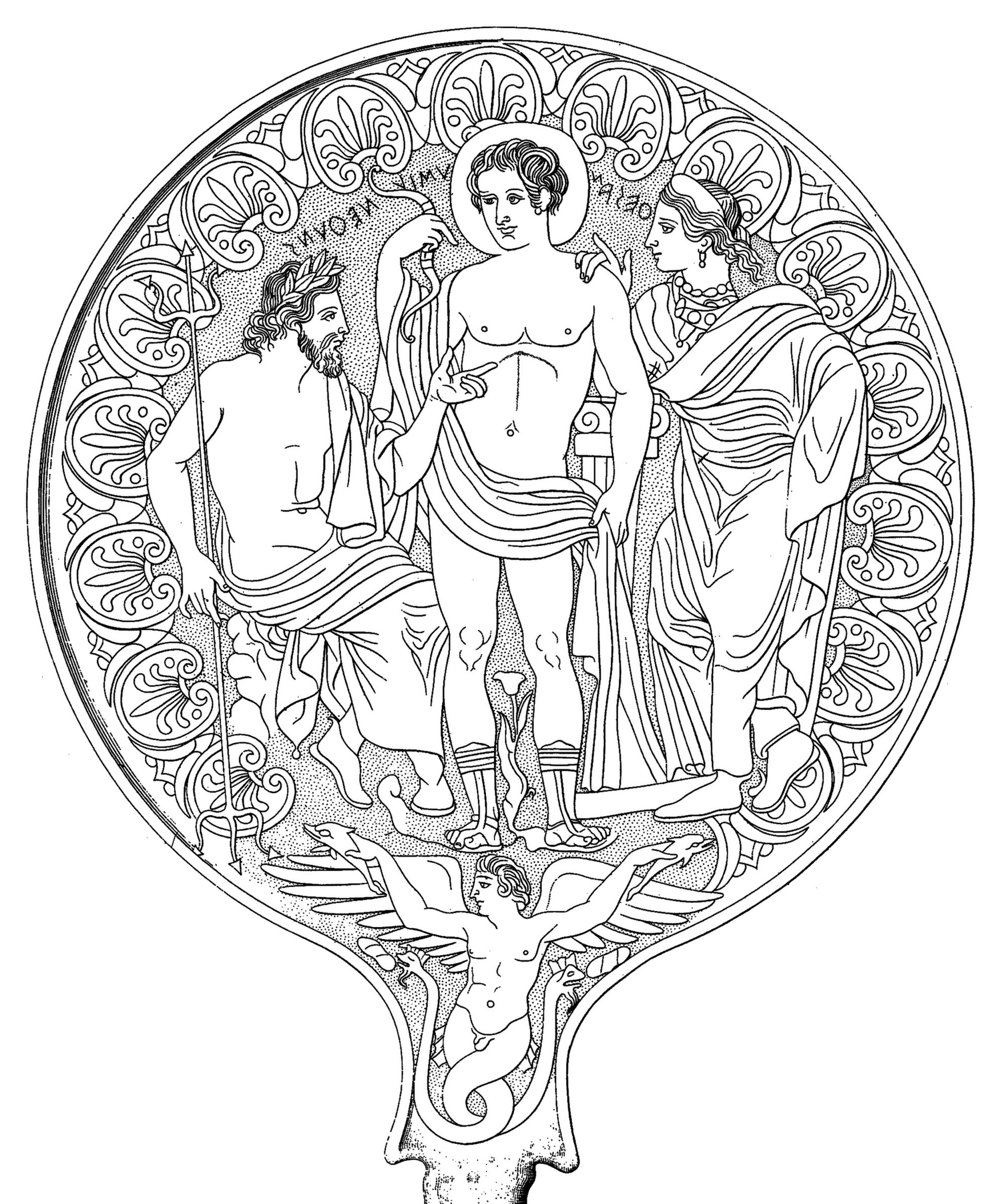 Etruscan bronze mirror from Tuscania depicting the water god Nethuns with Usil and Thesan